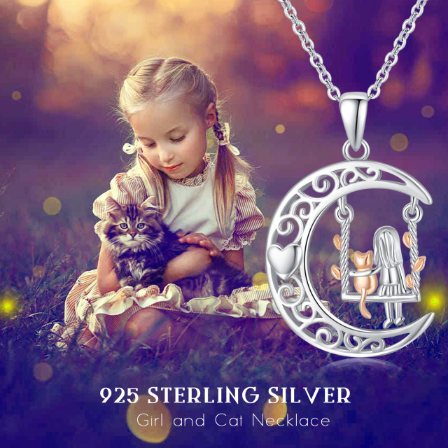 Sterling Silver Two-tone Cat & Heart & Moon & Swing Pendant Necklace-4