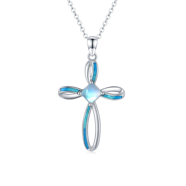 Sterling Silver Circular Shaped Moonstone Cross Pendant Necklace-1