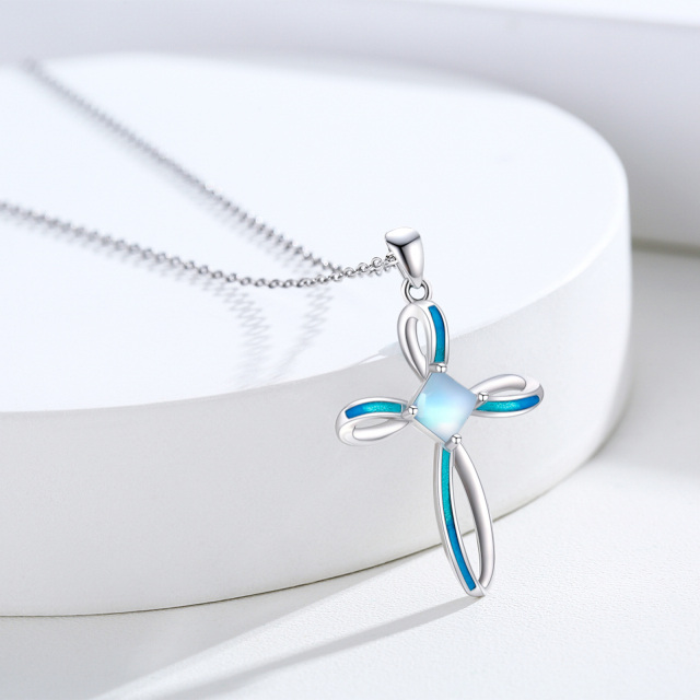 Sterling Silver Circular Shaped Moonstone Cross Pendant Necklace-4