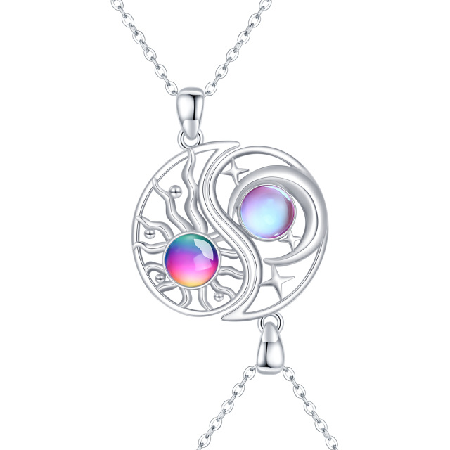 Sterling Silver Round Crystal Moon & Sun Pendant Necklace with Engraved Word-0