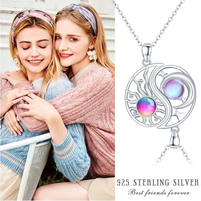 Sterling Silver Round Crystal Moon & Sun Pendant Necklace with Engraved Word-3