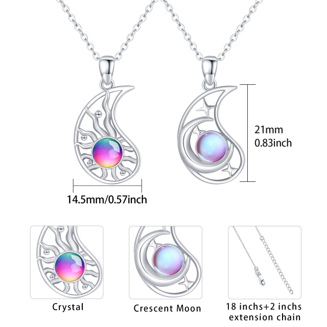 Sterling Silver Round Crystal Moon & Sun Pendant Necklace with Engraved Word-3