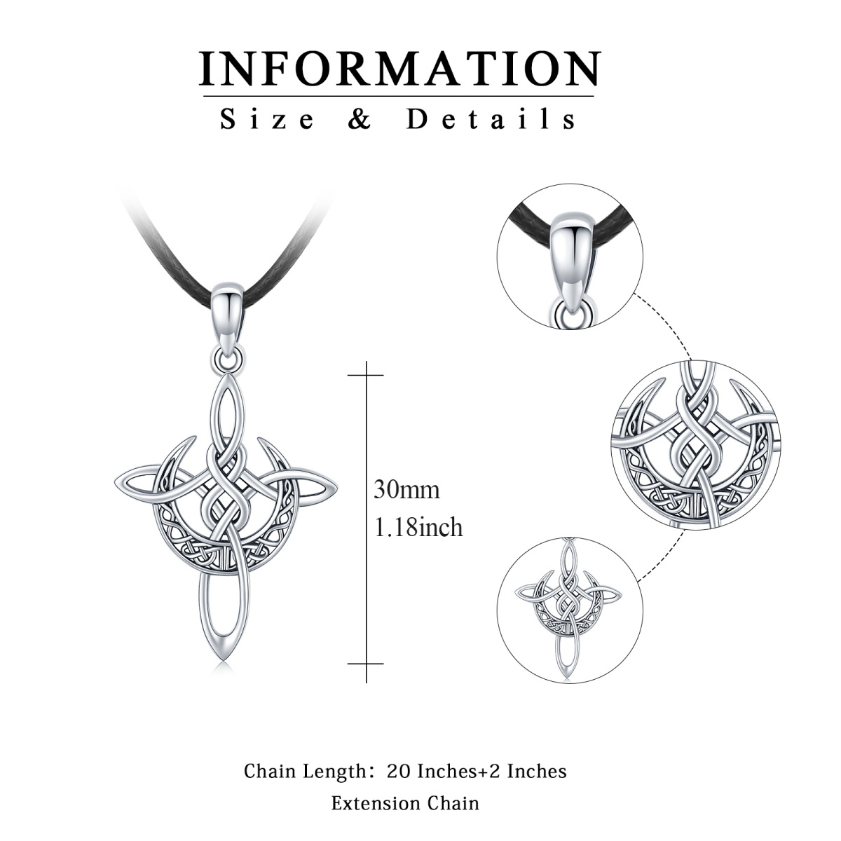 Sterling Silber Keltischer Knoten Kreuz mit Mondsichel Anhänger Halskette-6