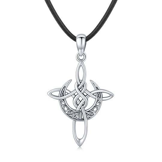 Sterling Silver Celtic Knot Cross with Crescent Moon Pendant Necklace