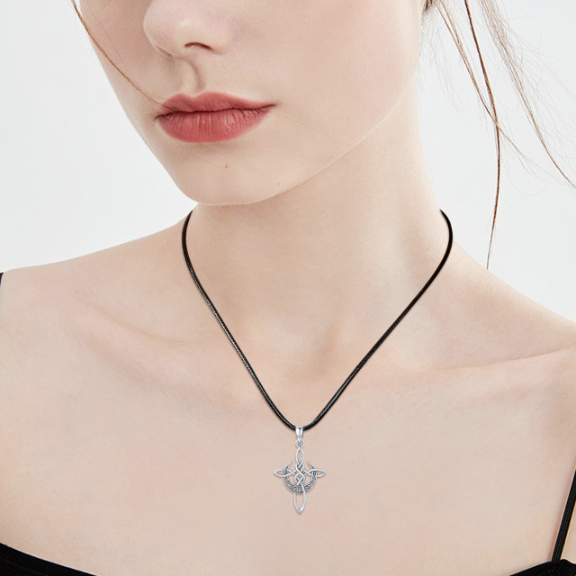 Sterling Silver Celtic Knot Cross with Crescent Moon Pendant Necklace-2