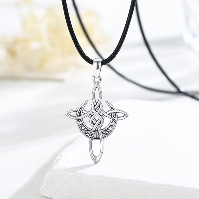 Sterling Silver Celtic Knot Cross with Crescent Moon Pendant Necklace-3