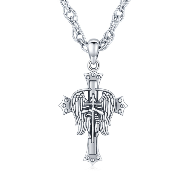 Sterling Silver Archangel Saint Michael Cross Pendant Necklace for Men-0