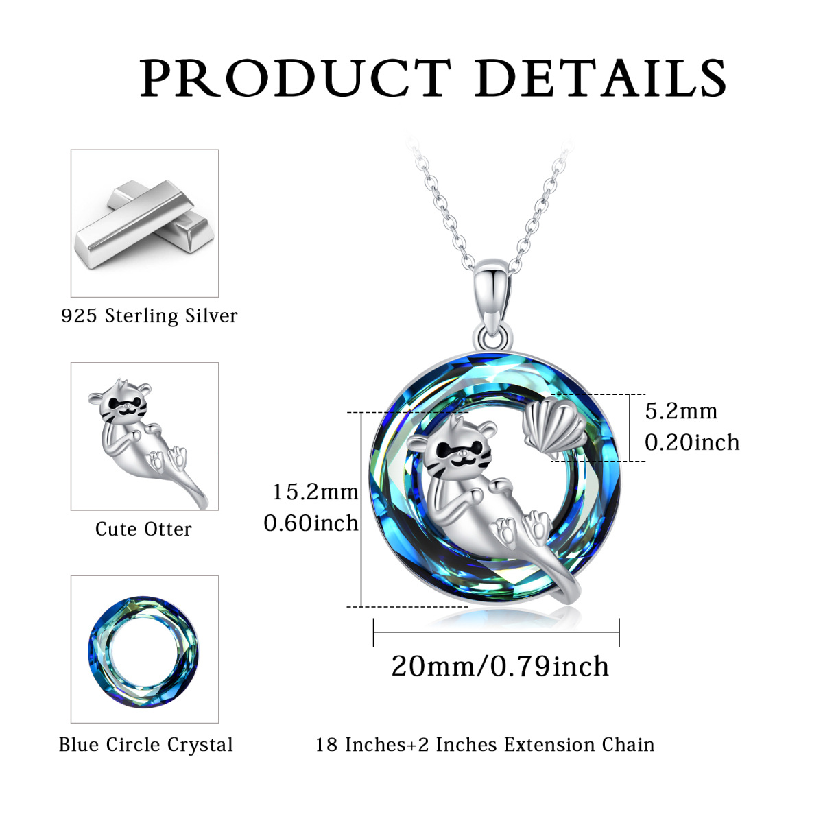 Sterling Silver Circular Shaped Otter Crystal Pendant Necklace-5