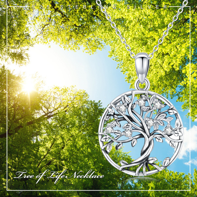 Sterling Silver Cubic Zirconia Tree Of Life Calendered Chain Necklace-7
