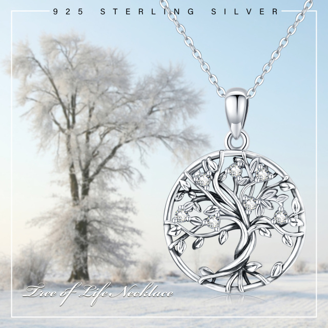 Sterling Silver Cubic Zirconia Tree Of Life Calendered Chain Necklace-6