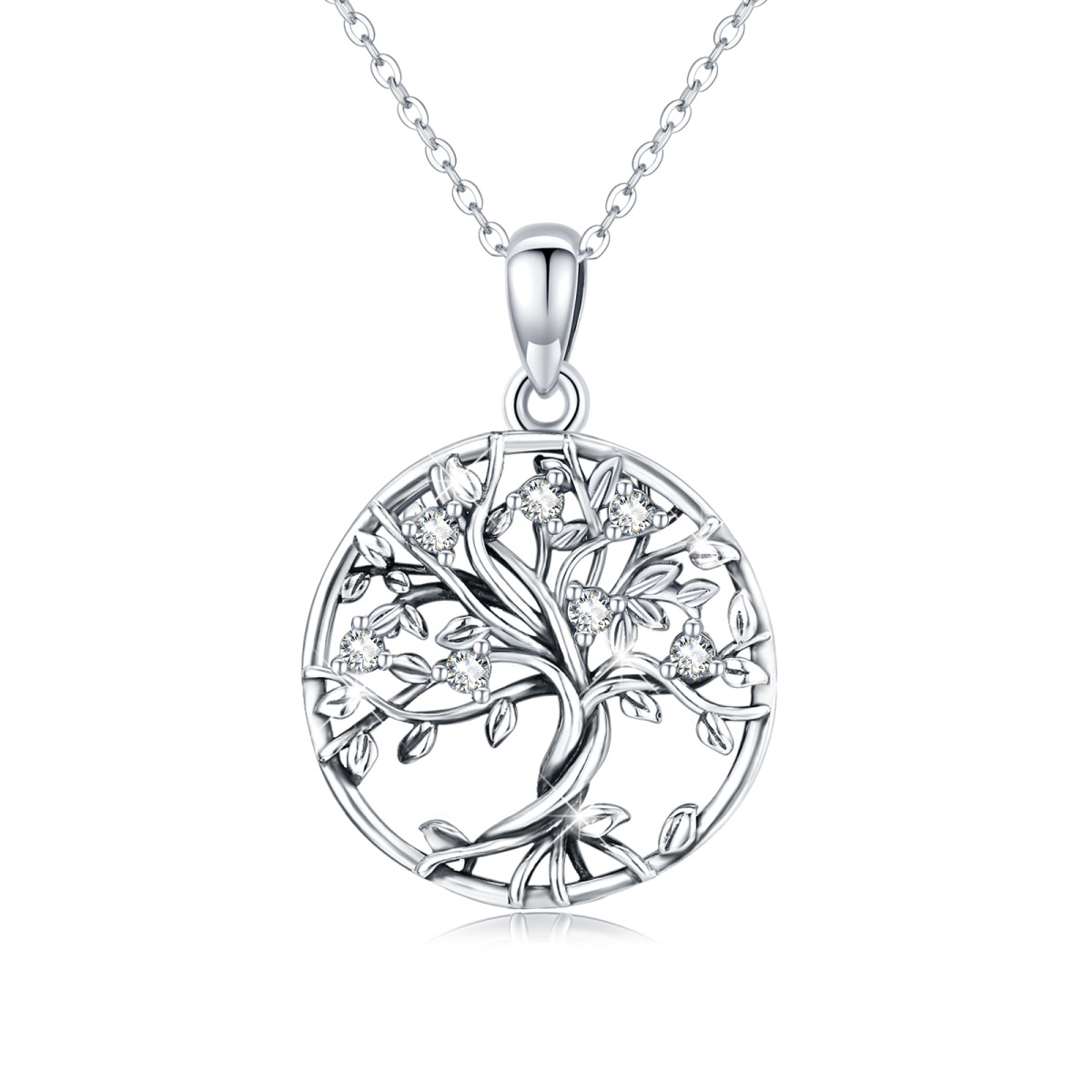 Sterling Silver Cubic Zirconia Tree Of Life Calendered Chain Necklace-1