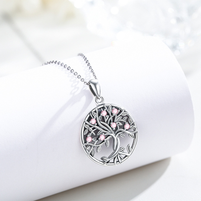 Sterling Silver Circular Shaped Cubic Zirconia Tree Of Life Pendant Necklace-4