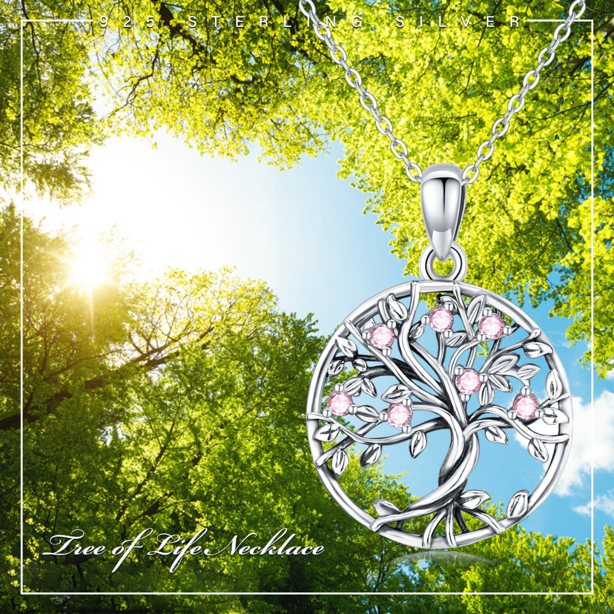 Sterling Silver Circular Shaped Cubic Zirconia Tree Of Life Pendant Necklace-7