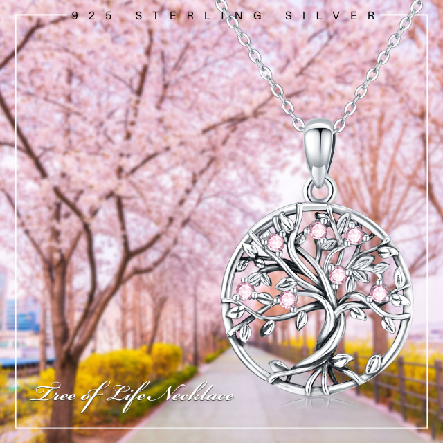 Sterling Silver Circular Shaped Cubic Zirconia Tree Of Life Pendant Necklace-6