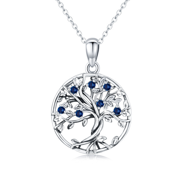 Sterling Silver Circular Shaped Cubic Zirconia Tree Of Life Calendered Chain Necklace-1