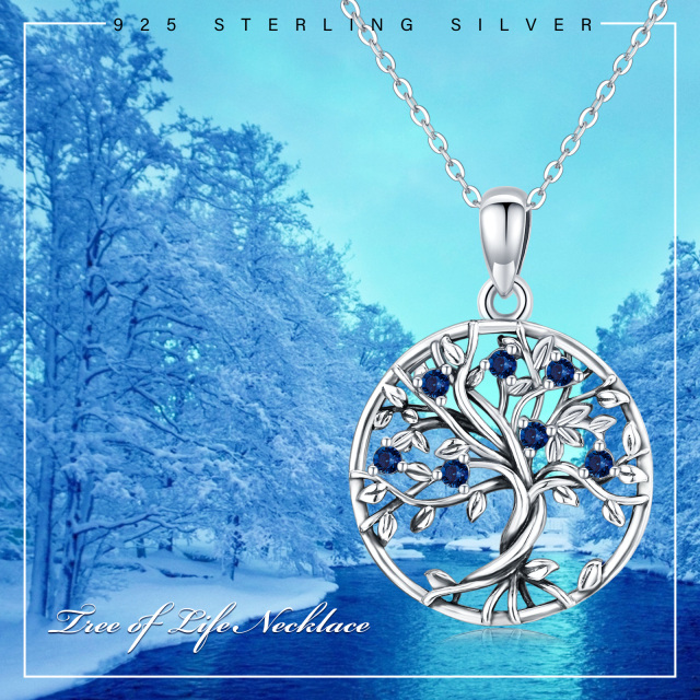 Sterling Silver Circular Shaped Cubic Zirconia Tree Of Life Calendered Chain Necklace-6