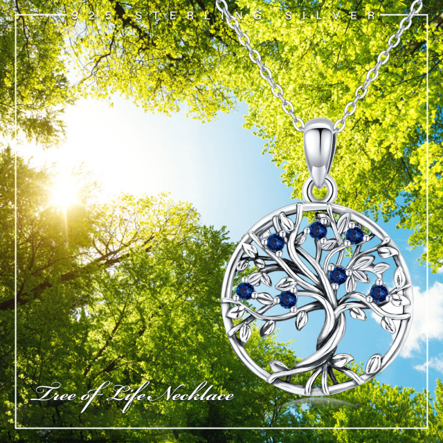 Sterling Silver Circular Shaped Cubic Zirconia Tree Of Life Calendered Chain Necklace-7