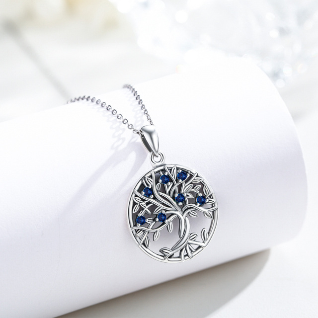 Sterling Silver Circular Shaped Cubic Zirconia Tree Of Life Calendered Chain Necklace-5
