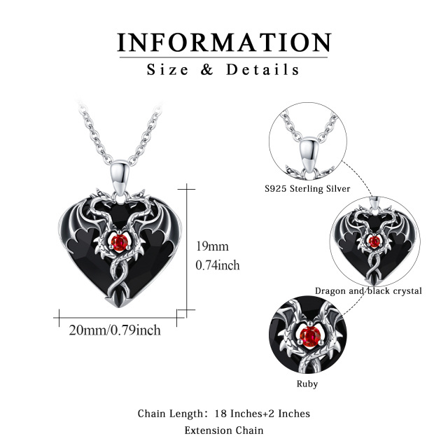Sterling Silver Heart Shaped Twisted Dragon Black Heart Crystal Pendant Necklace-5