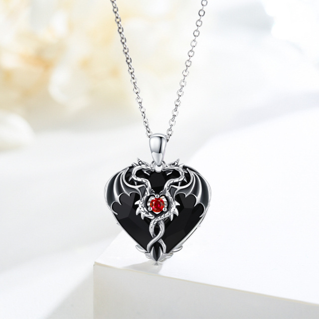 Sterling Silver Heart Shaped Twisted Dragon Black Heart Crystal Pendant Necklace-4