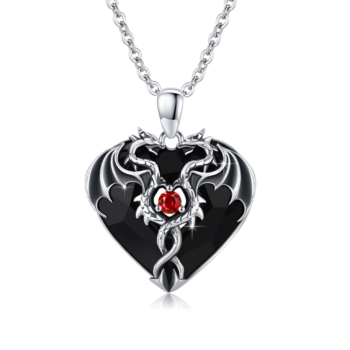 Sterling Silver Heart Shaped Twisted Dragon Black Heart Crystal Pendant Necklace-1