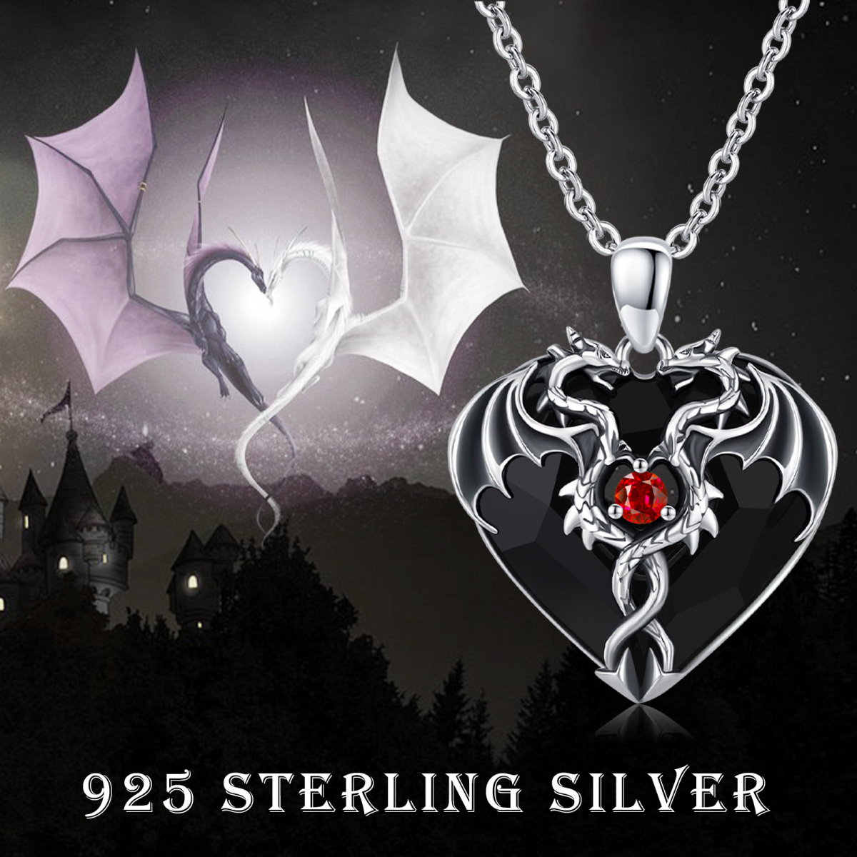 Sterling Silver Heart Shaped Twisted Dragon Black Heart Crystal Pendant Necklace-6
