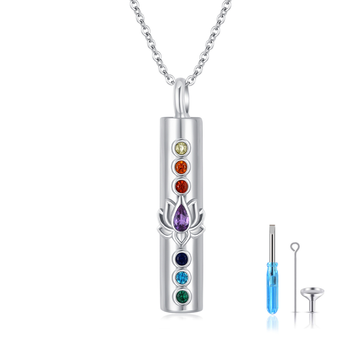 Sterling Silver Cubic Zirconia Lotus & Chakras Urn Necklace for Ashes-1