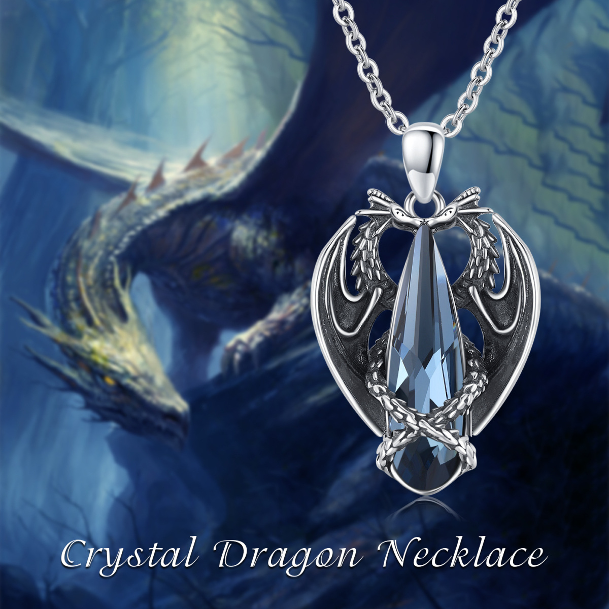 Sterling Silver 2 Dragons Blue Pear Shaped Crystal Pendant Necklace-7