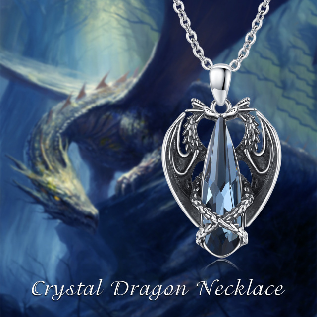 Sterling Silver 2 Dragons Blue Pear Shaped Crystal Pendant Necklace-6