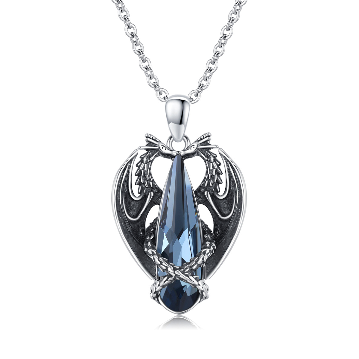 Sterling Silver 2 Dragons Blue Pear Shaped Crystal Pendant Necklace-1
