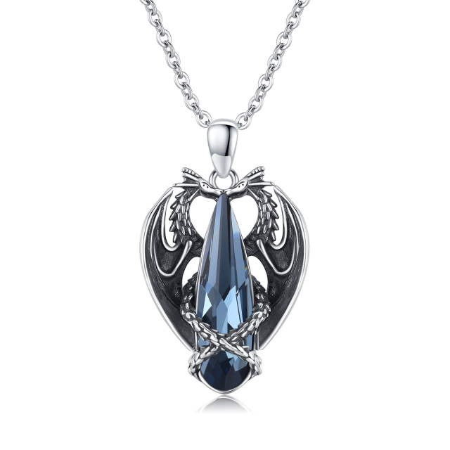 Sterling Silver 2 Dragons Blue Pear Shaped Crystal Pendant Necklace-0