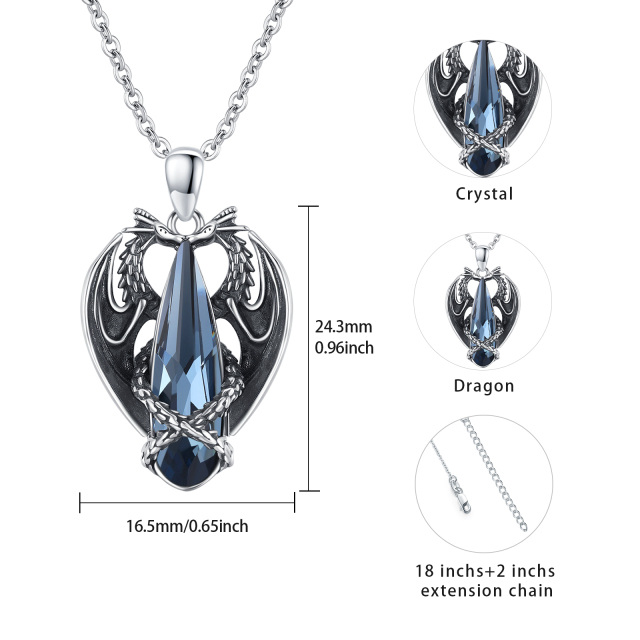 Sterling Silver 2 Dragons Blue Pear Shaped Crystal Pendant Necklace-5