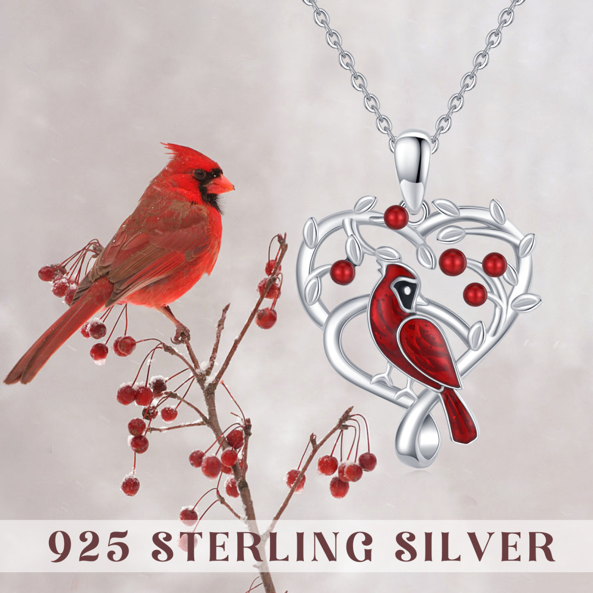 Sterling Silver Cardinal & Heart Pendant Necklace-6