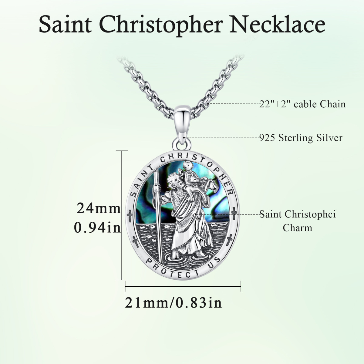 Sterling Silver Abalone Shellfish Saint Christopher Pendant Necklace with Engraved Word-5