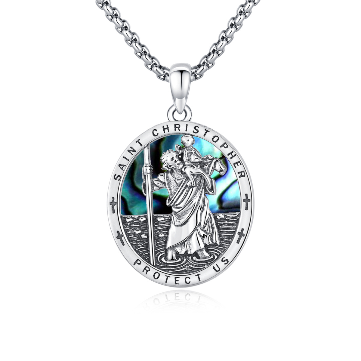 Sterling Silver Abalone Shellfish Saint Christopher Pendant Necklace with Engraved Word-1