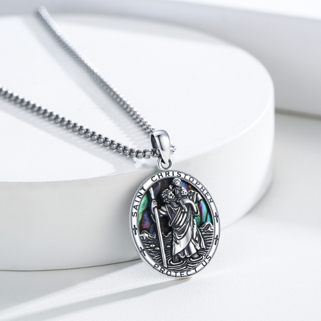 Sterling Silver Abalone Shellfish Saint Christopher Pendant Necklace with Engraved Word-4