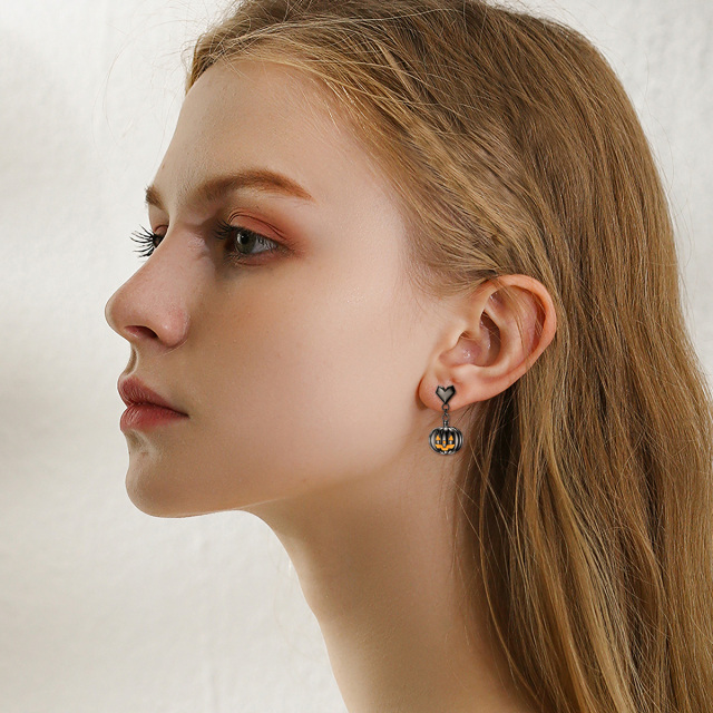 Boucles d'oreilles pendantes citrouille en argent sterling avec rhodium noir-2