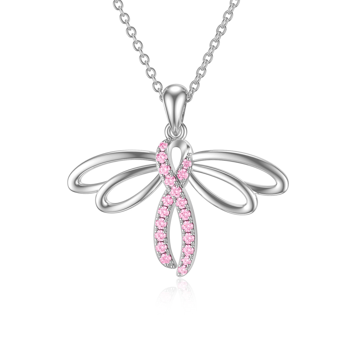 Sterling Silver Circular Shaped Cubic Zirconia Dragonfly & Ribbon Pendant Necklace-1