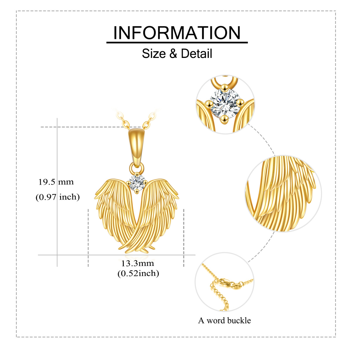 14K Oro Cúbico Zirconia Angel Wing Feather Heart Collar Colgante-6