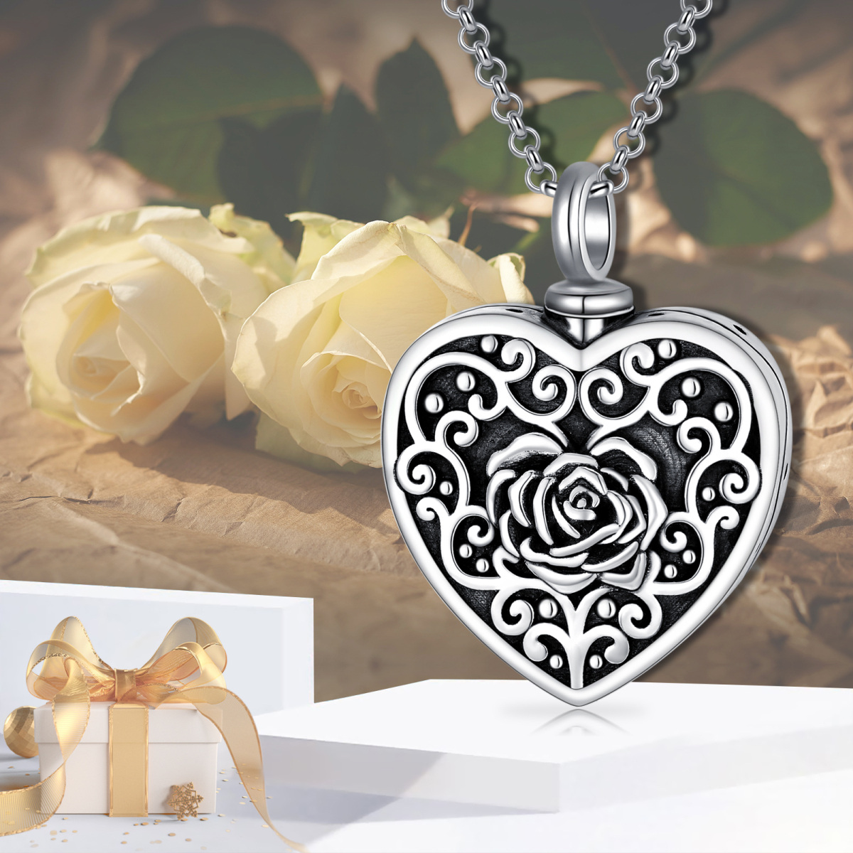 Sterling Silver Rose & Heart Urn Necklace for Ashes with Engraved Word-6