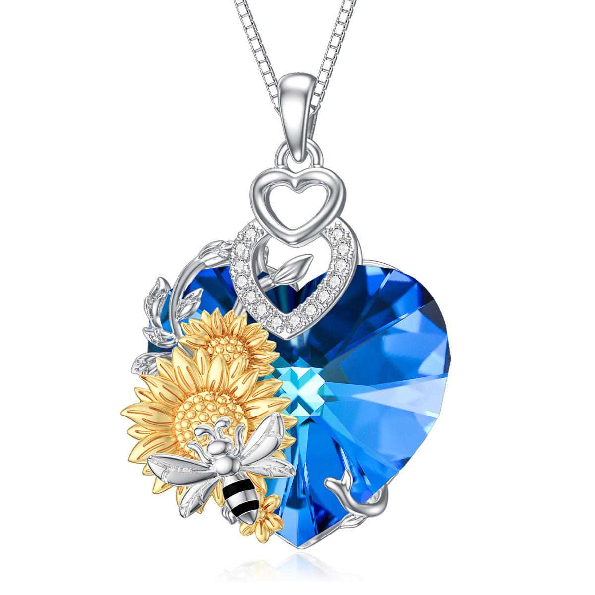 Sterling Silver Two-tone Heart Shaped Bee & Sunflower Crystal Pendant Necklace-1