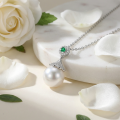 wholesale 925 Sterling Silver Elegant White Pearl and Emerald Pendant Necklaces Wholesale with Sparkling Zircon Accents - JewelryODM-0-2