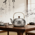 wholesale Pure 999 Fine Silver Exquisite Hand-Engraved Silver Teapot with Traditional Dragon Motif and Elegant Wood Handle - Handicraft-0-3