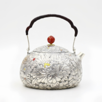 wholesale Pure 999 Fine Silver Elegant  Teapot with Intricate Floral Engraving and Braided Handle-Fine Teapot with Handle - Handicraft-undefined