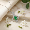 wholesale 925 Sterling Silver Elegant Emerald-Green Jade Cabochon Flower Pendant Necklaces Wholesale with Sparkling Accents - JewelryODM-0-2