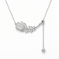 wholesale 925 Sterling Silver Elegant Sterling Silver Feather Pendant Necklaces Wholesale with Pear Moonstone and Sparkling Accents - JewelryODM-undefined