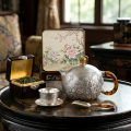 wholesale Pure 999 Fine Silver Handcrafted Silver Teapot with Intricate Floral Engravings and Amber-Toned Handle - Handicraft-0-2