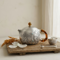 wholesale Pure 999 Fine Silver Handcrafted Silver Teapot with Intricate Floral Engravings and Amber-Toned Handle - Handicraft-0-3