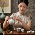 wholesale Pure 999 Fine Silver Handcrafted Silver Teapot with Intricate Floral Engravings and Amber-Toned Handle - Handicraft-0-1