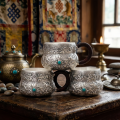 wholesale Pure 999 Antique  Cups with Intricate Floral Embossing and Turquoise Accents - Handicraft-0-1